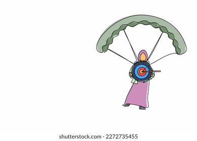 Single one line drawing Arabian businesswoman holding target with arrow in bullseye and jumping with parachute. Business finance goal minimal concept. Modern continuous line draw design graphic vector