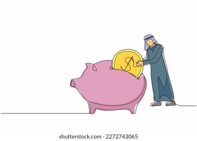 Single one line drawing Arabian businessman putting dollar coin into piggy bank. Money savings, personal investment, finance, funding, bank deposit, capital accumulation. Continuous line design vector