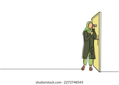 Single one line drawing Arabian woman eavesdropping at door. Curious businesswoman listening to conversation. Privacy violation concept. Modern continuous line draw design graphic vector illustration