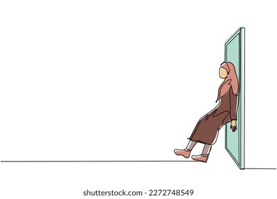 Single one line drawing Arabian businesswoman pushing door with her back. Business struggles. Strength for success. Business concept of overcoming obstacles. Continuous line draw design graphic vector