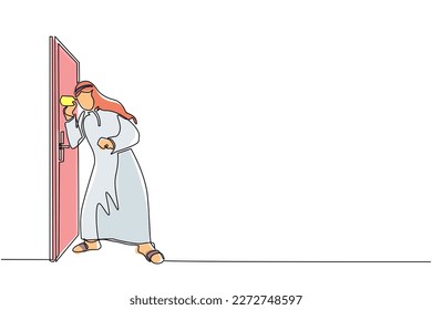 Single one line drawing Arabian man eavesdropping at the door. Curious businessman listening to conversation. Privacy violation concept. Modern continuous line draw design graphic vector illustration