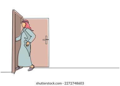 Single one line drawing Arabian businessman enters room through door. Man walking to opened door. Starting new day at office. Business concept. Continuous line draw design graphic vector illustration