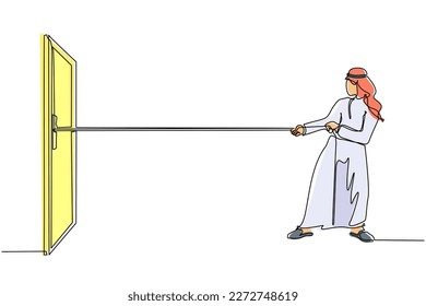 Single one line drawing Arabian businessman pulling rope to drag door, metaphor to facing big problem. Business struggles. Strength for success. Continuous line draw design graphic vector illustration