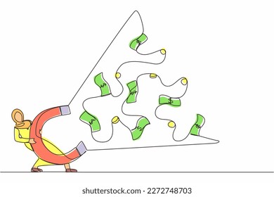 Single one line drawing Arabian businesswoman using big magnet to attract money. Making money, successful business idea, financial success, gain, and profit. Continuous line draw design graphic vector