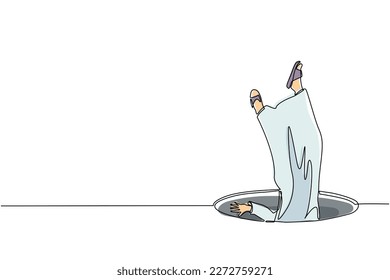 Single one line drawing Arabian businessman falling into pit hole. Legs up. Logo protruding legs from hatch, puddles. Metaphor. Failure. Defeat. Continuous line draw design graphic vector illustration