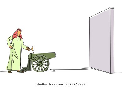 Un solo trazo de un hombre de negocios árabe enciende cañones frente a la pared y quiere destruir. Iniciar una nueva empresa de negocios destruyendo obstáculos para alcanzar su objetivo. Vector de diseño de traza de línea continua