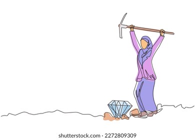 Single one line drawing Arabian businesswoman in hole prancing happily while lifting pickaxe with both hands, finding diamond or precious stone. Continuous line draw design graphic vector illustration