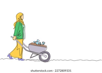 Single one line drawing Arabian businesswoman in hijab pushing cart full of diamonds. Wheelbarrow with golds, jewelry, precious stone. Business and finance concept. Continuous line draw design vector