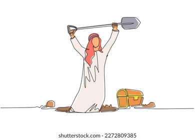 Single one line drawing Arabian businessman in hole prancing happily while lifting shovel with both hands and finding treasure chest. Lucky rich man. Continuous line design graphic vector illustration
