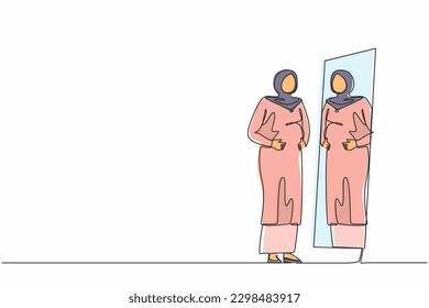 Single one line drawing Arabian businesswoman standing in front of mirror and see herself getting big belly with holding her stomach. Oversized and obesity. Continuous line draw design graphic vector