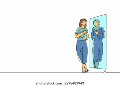 Single one line drawing Arabian woman looking in big mirror see herself successful businesswoman wearing expensive hijab. Poor woman dream to become wealthy person. Continuous line draw design vector