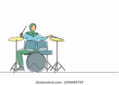 Eine einzige Linie, die arabische Musikerin, Jazz, Rock und Roll spielt Drum Instrumente, Percussion. Musikfestival, Pop-Konzert, Hochzeitsfeier. Grafikvektor mit kontinuierlicher Zeilengestaltung