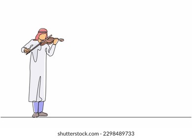 Single one line drawing Arabian man musician playing violin. Classical music performer with musical instrument. Male musician playing violin. Continuous line draw design graphic vector illustration