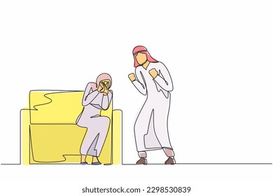 Single one line drawing Arabian man abusing woman. Young couple quarrel, guy screaming and girl crying sitting on sofa. Family violence. Emotional person arguing. Continuous line design graphic vector