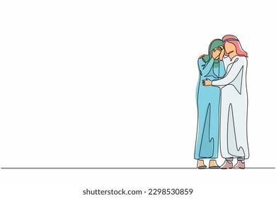Una sola línea dibujando a un hombre árabe abrazando a una triste y triste deprimida mujer llorando frustrada sosteniendo los hombros y discutiendo problemas. Apoyo, estrés, depresión. Vector gráfico de diseño de línea continua