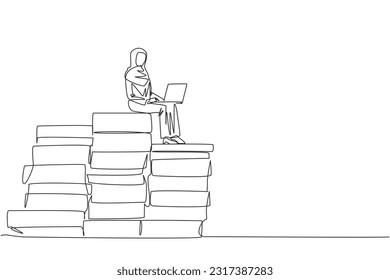 Single one line drawing Arabian businesswoman sitting on giant piles of paper document while working with laptop computer. Create work plan with lots of data. Overwork concept. Continuous line design
