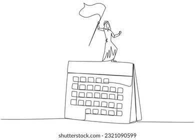 Single one line drawing of Arabian businessman standing on big desk calendar raising flag. Starting small steps in a planned business pattern is key to success in achieving profits. Continuous line