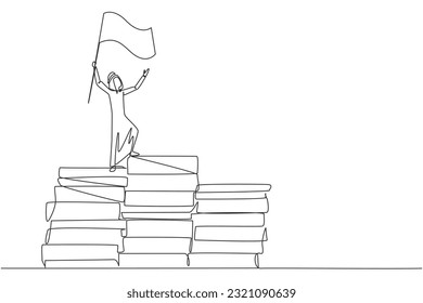 Single one line drawing of Arabian businessman standing on piles of paper document raising flag. Create business plan with lots of data. Winner even though there is a lot of work. Continuous line