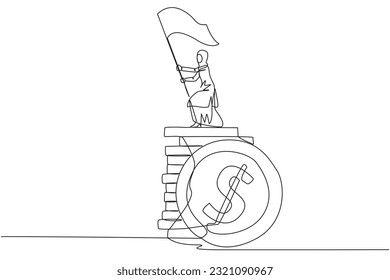 Single one line drawing of Arabian businesswoman standing on stack of coins raising flag. Successful remote freelance work. Get a lot of money. Concept of smart business. Award. Continuous line design