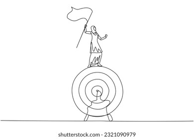 Single one line drawing of Arabian businesswoman standing on big arrow target board raising flag. Focus on targets, be patient, smart business, success will be achieved. Continuous line design graphic