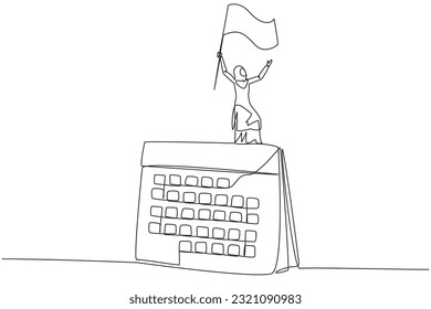 Single one line drawing of Arabian businesswoman standing on big desk calendar raising flag. Starting small steps in a planned business pattern is key to success in achieving profits.Continuous line
