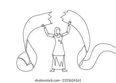 Single one line drawing Arabian businesswoman tore off billing paper held above her head. Failing to pay bills makes a businesswoman full of emotions. Failure. Continuous line graphic illustration