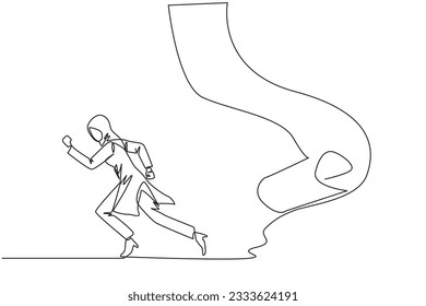 Single one line drawing Arabian businesswoman running chased by pendulum paper rolls bills. Trying to run away from responsibility to pay off all the bills. Continuous line design graphic illustration