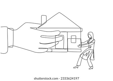 Single one line drawing Arabian businesswoman pulling miniature house which is also pulled by big hand. Failed to pay the mortgage so that it can be withdrawn by bank. Continuous line design graphic