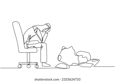 Single one line drawing of Arabian businessman sits pensively on office chair and in front is a broken piggy bank. Failing to save because have to pay large bills. Continuous line graphic illustration
