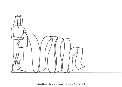 Single one line drawing Arabian businessman held long billing paper with both hands. Worry about spending a lot of money because of large number of bill. Continuous line design graphic illustration