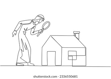 Single one line drawing of Arabian businessman stood holding the magnifier and inspected the miniature house. Looking for home property to be used as passive income. Continuous line design graphic
