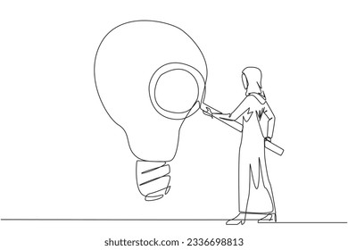 Single one line drawing Arabian businesswoman stood holding magnifier and inspected big lightbulb. Businesswoman are looking for new ideas, fresh ideas and innovation. Continuous line design graphic