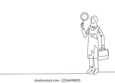 Single one line drawing Arabian businesswoman holds the magnifier in her right hand while in left hand holds a briefcase. Businesswoman who offer cooperation proposals. Continuous line design graphic