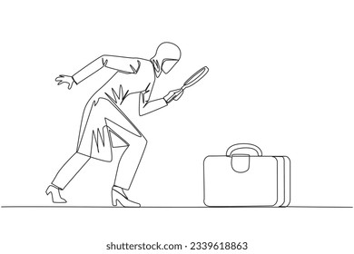 Un dibujo de una sola línea de una mujer de negocios árabe con lupa resalta la cartera de documentos. Inmediatamente arregló su maletín para ir a un viaje de negocios. Ilustración gráfica de línea continua
