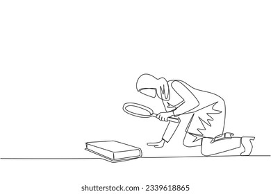 Single one line drawing of Arabian businesswoman holding magnifying glass looking at book. Looking for knowledge about franchising from a scientific study book. Continuous line graphic illustration