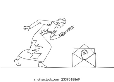 Eine einzelne Zeichnung von arabischen Geschäftsleuten hält Lupe auf E-Mail-Symbol. Erhalten Sie wichtige E-Mails zum Fortschritt seines Unternehmens. Grafische Abbildung des Liniendesigns