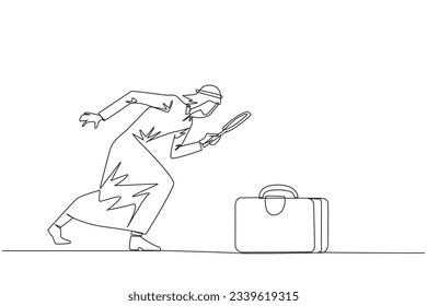 Single one line drawing Arabian businessman holding magnifying glass highlights the briefcase. Immediately tidied up his briefcase to go on a business trip. Continuous line design graphic illustration