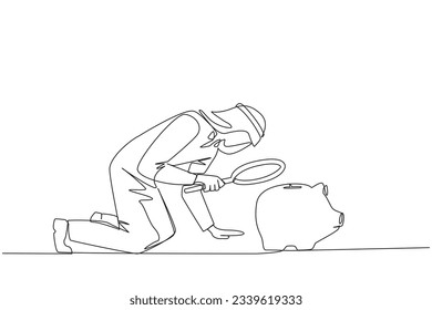 Single one line drawing Arabian businessman holding magnifying glass looking at piggy bank. A stagnant business requires additional capital from piggy bank. Continuous line design graphic illustration