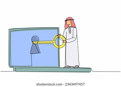 Single one line drawing Arabian businessman putting key into laptop. Protection and safety login. Internet encryption, access to encrypted data. Continuous line draw design graphic vector illustration