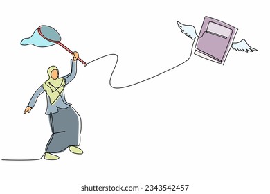 Single one line drawing Arabian businesswoman try to catching flying book with butterfly net. Poor country with reading and education problem. Continuous line draw design graphic vector illustration