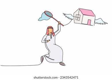 Single one line drawing Arabian businessman try to catching flying house with butterfly net. Property prices soar every year. Business metaphor. Continuous line draw design graphic vector illustration