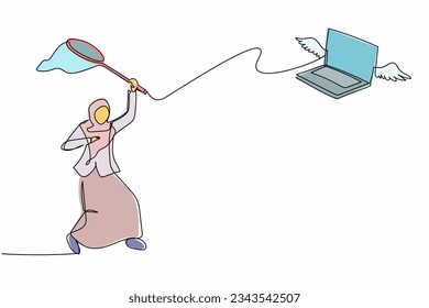 Single one line drawing Arabian businesswoman try to catching flying laptop with butterfly net. Losing data or document due to computer virus. Continuous line draw design graphic vector illustration