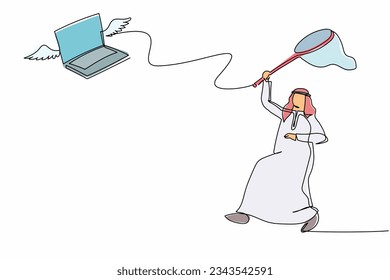 Single one line drawing Arabian businessman try to catching flying laptop with butterfly net. Loss of important company data. Business metaphor. Continuous line draw design graphic vector illustration