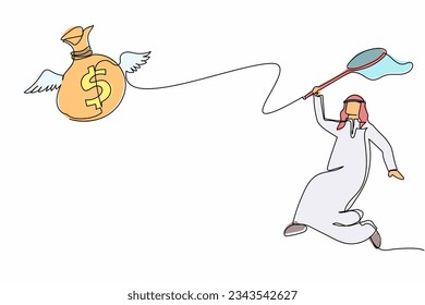 Single one line drawing Arabian businessman try to catching flying money bag with butterfly net. Failed to get annual bonus. Business metaphor. Continuous line draw design graphic vector illustration