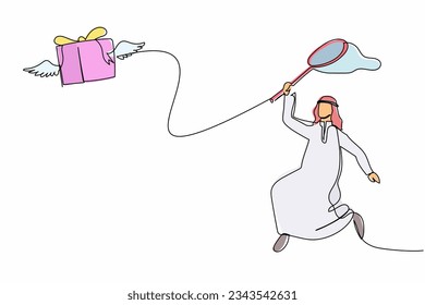 Single one line drawing Arabian businessman try to catching flying gift box with butterfly net. Losing package in shipping. Business metaphor. Continuous line draw design graphic vector illustration
