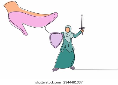 Single one line drawing Arabian businesswoman fight to giant foot with shield and sword. Office worker against boss big shoe stomp. Minimal metaphor. Continuous line design graphic vector illustration