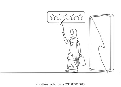 Single one line drawing Arabian woman comes out of big smartphone carry shopping bag, the other hand typing smartphone. Online shopping concept. Ecommerce. Continuous line design graphic illustration