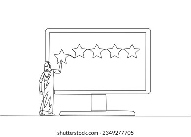Single one line drawing Arabian man standing and trying to stick one star on the big monitor. Giving 5 star feedback. Giving stars quality result. Giving review. Continuous line graphic illustration