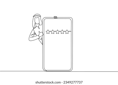 Single one line drawing Arabian man stands behind giant smartphone, but head and body appear and hands give thumbs up gesture. Online shop concept. Review 5 star. Continuous line graphic illustration