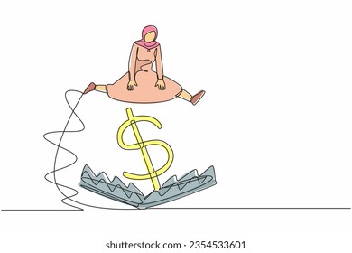 Single one line drawing Arabian businesswoman jumping over money pitfall with big money dollar symbol. Financial money trap, ponzi business scheme. Continuous line design graphic vector illustration